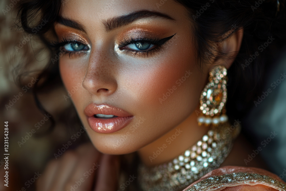Woman in gold dress and makeup radiates elegance at a glamorous event, mesmerizing with her stunning and luxurious appearance. Woman in gold dress and makeup radiates elegance at a glamorous event, mesmerizing with her stunning and luxurious appearance.