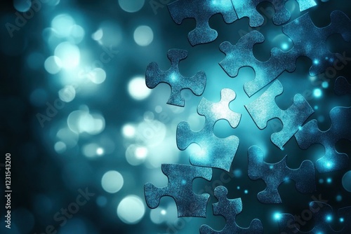 Minimalistic abstract concept with interconnected puzzle pieces on blue bokeh background