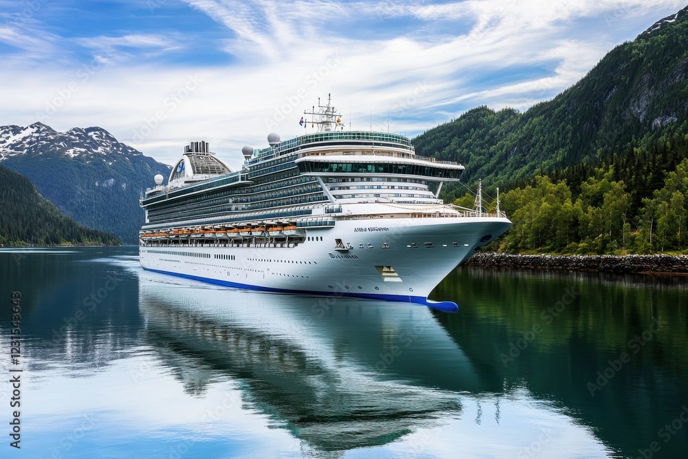 Cruise ship sailing Alaskan fjord, mountains backdrop (2) Cruise ship sailing Alaskan fjord, mountains backdrop (2)