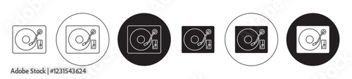 Vinyl player icons collection in black filled and stroke line style