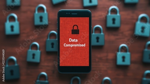 Mobile Phone Displaying Data Compromised Alert Graphic