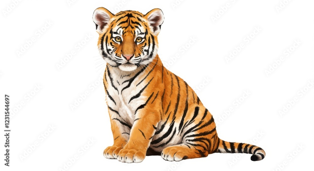 Naklejka premium Majestic tiger sitting gracefully against a white background, showcasing its vibrant fur and piercing eyes