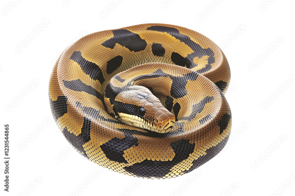 Obraz premium Coiled yellow and black patterned snake, isolated on white transparent background, reptiles or wildlife, symbolizing Chinese Lunar New year