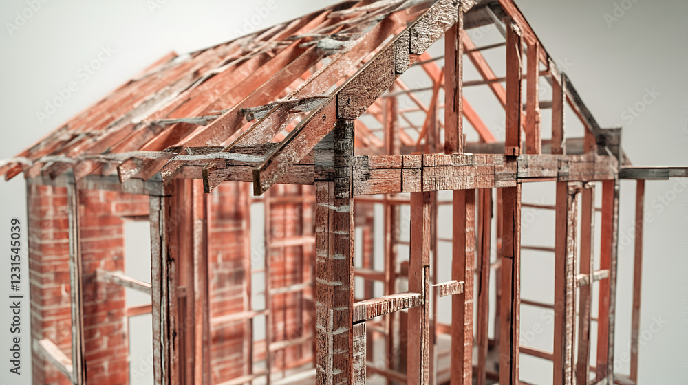 Obraz premium Derelict House Frame: A close-up shot reveals the skeletal remains of a dilapidated house frame, its weathered timbers and crumbling brickwork hinting at a story of decay and abandonment.