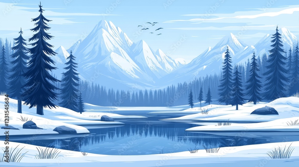 Fototapeta premium Serene Winter Landscape Snow-Covered Pines Reflecting in a Frozen Lake