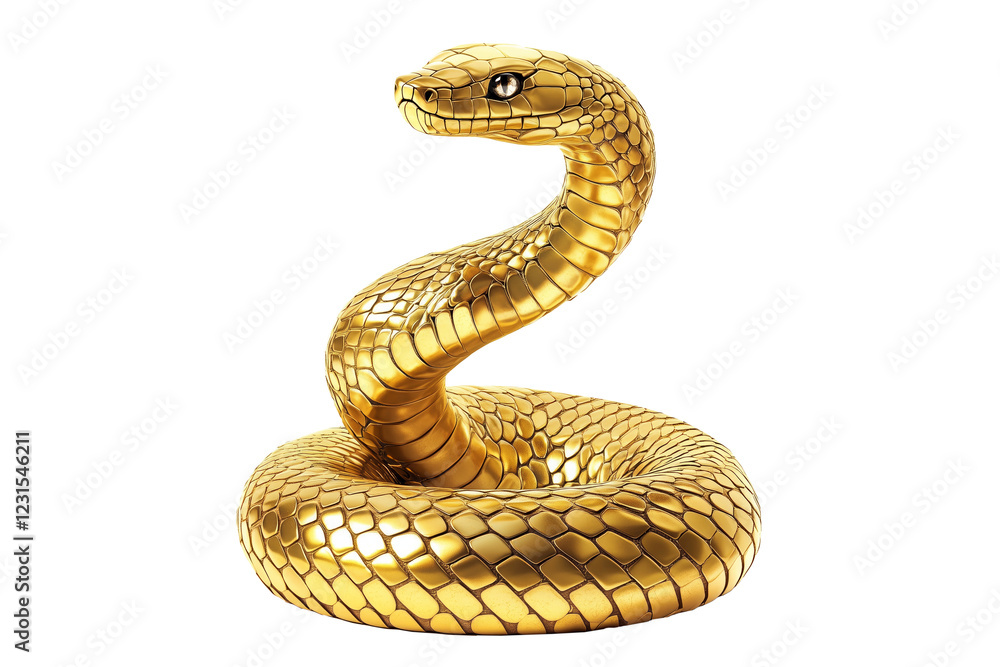 Fototapeta premium Coiled golden snake sculpture with detailed scales isolated on white transparent background, reptiles or wildlife, symbolizing Chinese Lunar New year