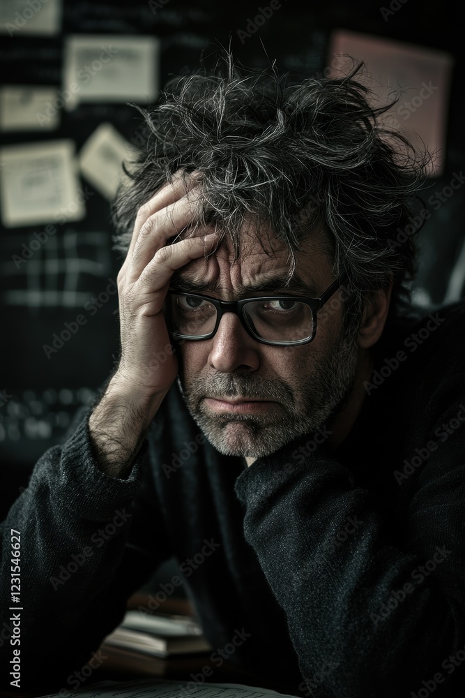 Frustrated man in glasses sitting at desk with tousled hair, contemplating work challenges and stress in a dimly lit office environment, deep in thought. Frustrated man in glasses sitting at desk with tousled hair, contemplating work challenges and stress in a dimly lit office environment, deep in thought.
