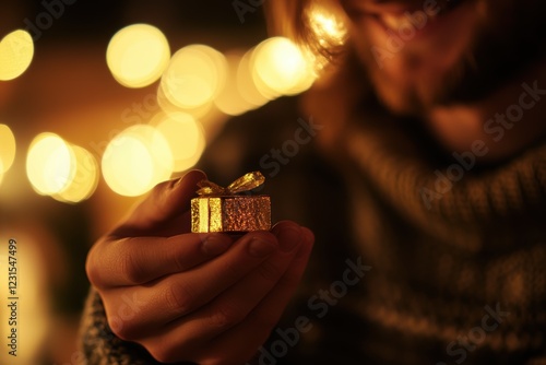Wallpaper Mural Gift box held by smiling person in cozy sweater with festive background lights. Perfect for holiday celebrations, surprise moments, and gift-giving occasions. Torontodigital.ca