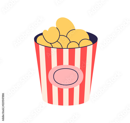 Popcorn in bucket. Pop-corn in paper box, icon. Classic movie, cinema snack, crunchy fast food in package. Film treat, junkfood eating. Flat vector illustration isolated on white background
