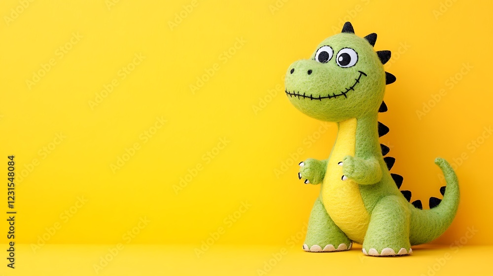 Fototapeta premium Happy Green Felt Dinosaur Toy Against Yellow Background