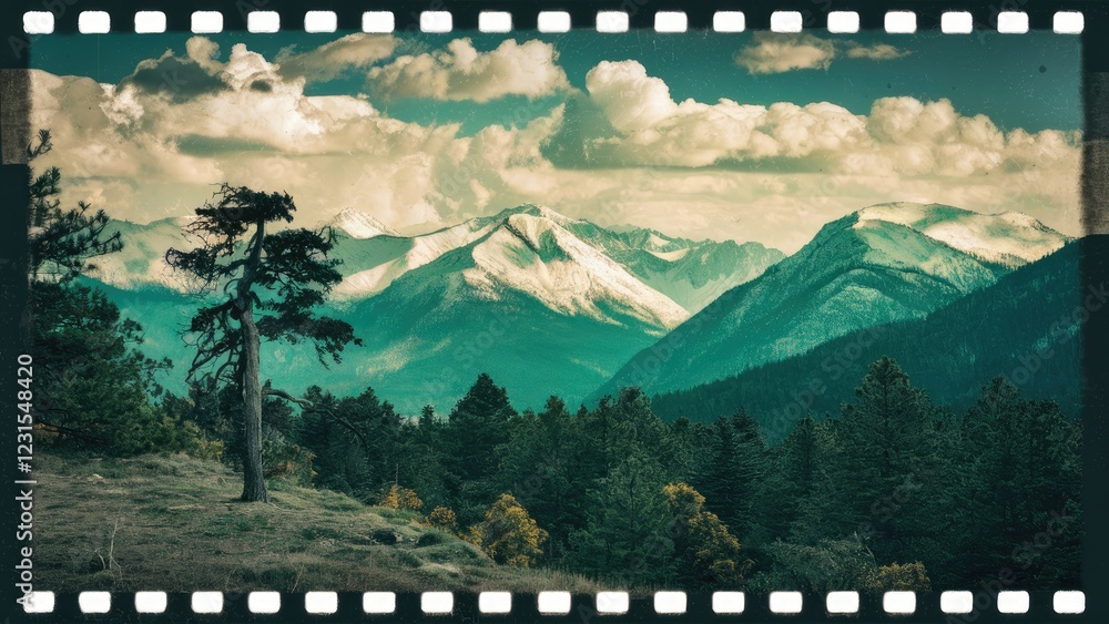 Fototapeta premium Scenic vintage mountain landscape featuring solitary trees in foreground with dramatic clouds above and lush greenery in a film style frame