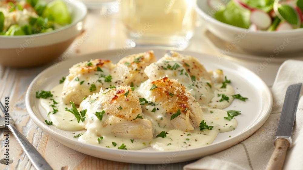 Creamy Chicken with Herbs Meal Presentation on Plate with Salad and Drink in Background Creamy Chicken with Herbs Meal Presentation on Plate with Salad and Drink in Background