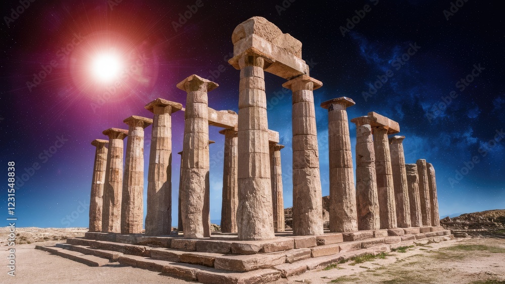 Obraz premium Ancient stone columns illuminated by a bright sun against a starry outer space backdrop with vivid blue and purple tones in the sky.