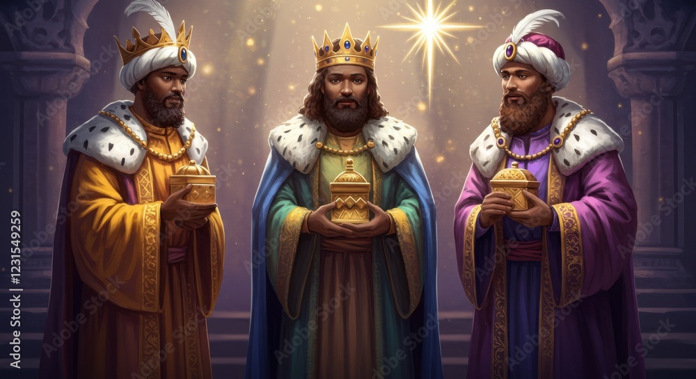 Naklejka premium Three regal figures in ornate robes holding gifts under a starry sky