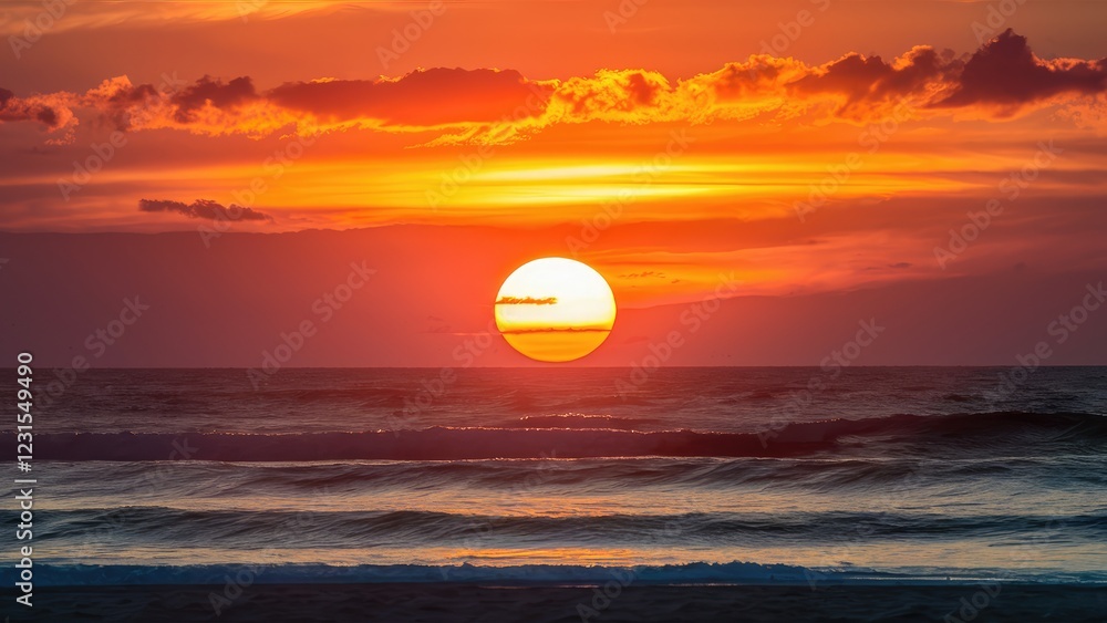 Vibrant sunset over the ocean horizon with a brilliant orange sun surrounded by fluffy clouds and reflecting soft waves in warm tones.