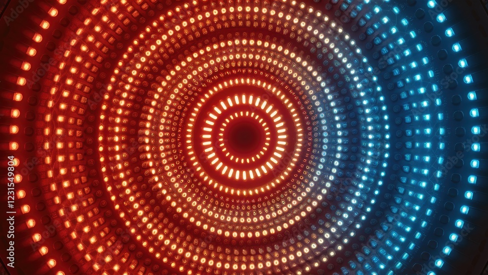 Circular pattern of vibrant red and blue LED lights in concentric circles creating a visually striking background texture for design projects. Circular pattern of vibrant red and blue LED lights in concentric circles creating a visually striking background texture for design projects.