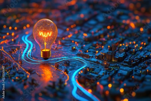 Lightbulb on city map with bright blue lines for planning or energy solutions