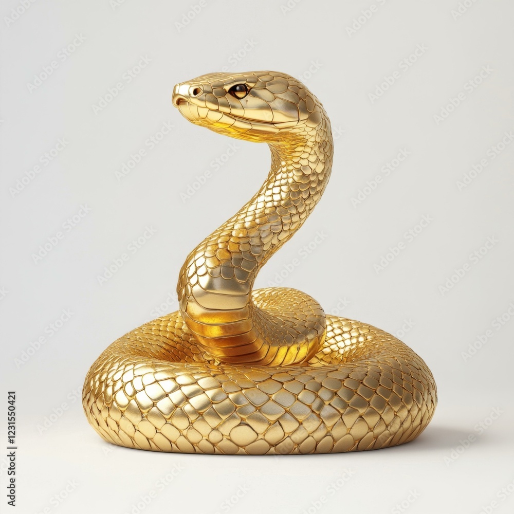 Fototapeta premium Golden Snake Figure With Coiled Body And Raised Head Sculpture On A White Background
