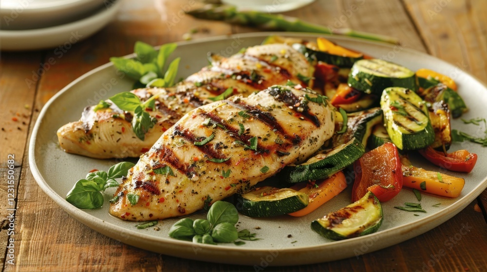 Grilled Chicken Breast with Roasted Vegetables on a Ceramic Plate Meal Gourmet Dinner Grilled Chicken Breast with Roasted Vegetables on a Ceramic Plate Meal Gourmet Dinner
