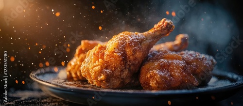 Crispy golden fried chicken on a dark plate with a blurred background and sprinkled seasoning perfect for festive holiday celebrations photo