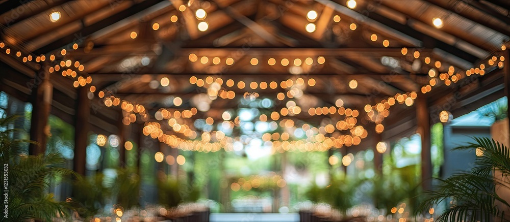Rustic venue with blurred hanging string lights in warm yellow tones throughout wooden beams and greenery creating a cozy atmosphere. Rustic venue with blurred hanging string lights in warm yellow tones throughout wooden beams and greenery creating a cozy atmosphere.