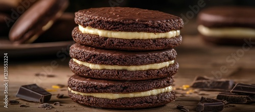 Chocolate sandwich cookies stacked in a triangular arrangement showcase rich dark brown color with a creamy yellow filling on a wooden tableèƒŒæ™¯ photo