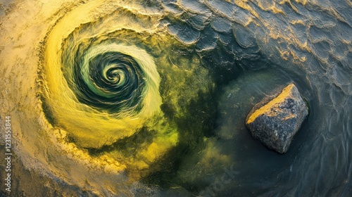 Vortex swirling water, rocky shore, sunset, nature background, website banner