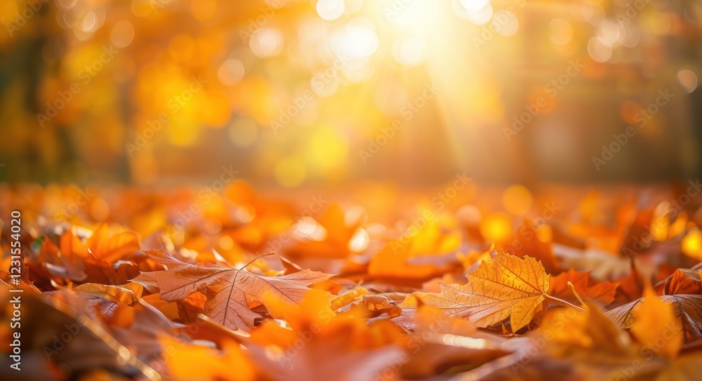 nature background with carpet of orange and yellow fallen maple leaves in sunlight. Autumn landscape with blurry defocused park panoramic nature background with carpet of orange and yellow fallen maple leaves in sunlight. Autumn landscape with blurry defocused park panoramic