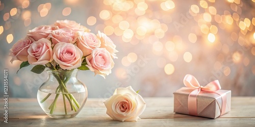 Romantic bouquet of pink roses in a glass vase with a gift