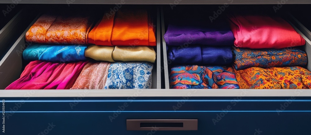 Vibrant assorted fabrics neatly arranged in a blue open drawer showcasing bold colors of orange, pink, purple, and intricate patterns on display. Vibrant assorted fabrics neatly arranged in a blue open drawer showcasing bold colors of orange, pink, purple, and intricate patterns on display.