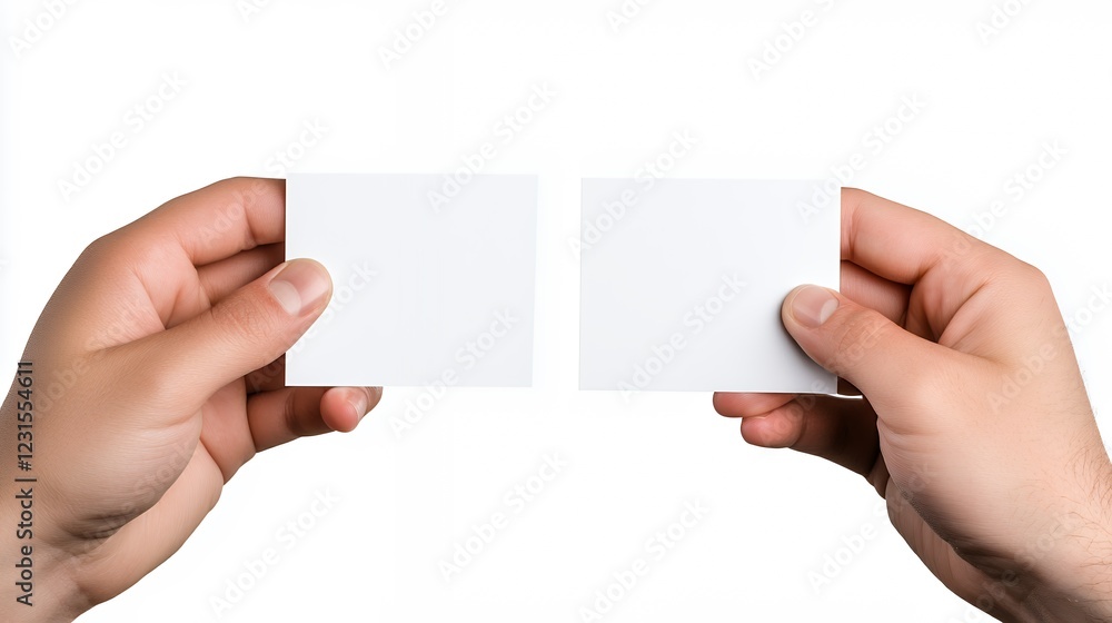 Fototapeta premium Two Hands Holding Blank White Cards Against White Background