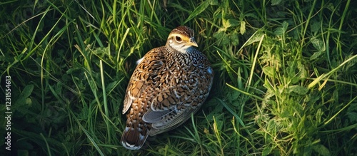 Coturnix quail resting gracefully on lush green grass viewed from above, showcasing intricate brown and gold plumage in natural habitat. photo