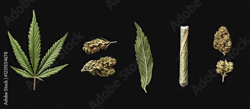 Cannabis elements arranged on a black background featuring a vibrant green double leaf, dry buds, and a rolled joint for detailed study. photo