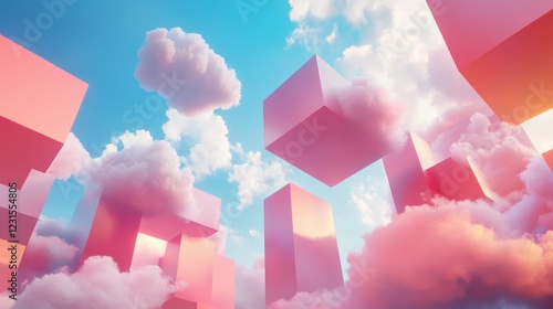 A stunning image featuring floating pink cubes amidst soft clouds under a vibrant blue sky. This dreamlike scene captures surreal beauty and imagination.