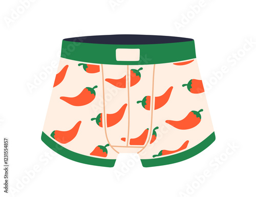 Boxer trunks with red hot chili pepper pattern. Playful funny underwear, men panties, sexy briefs with chilli vegetable print. Male underclothes. Flat vector illustration isolated on white background