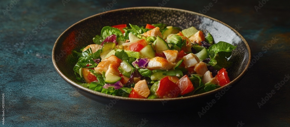 Vibrant onita salad with fresh fish and colorful vegetables in a dark bowl against a textured background highlighting the dish's freshness and appeal Vibrant onita salad with fresh fish and colorful vegetables in a dark bowl against a textured background highlighting the dish's freshness and appeal