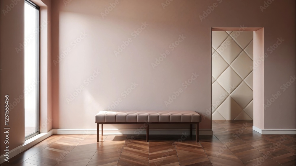 Elegant Upholstered Bench in a Modern Room with Soft Pink Walls and Herringbone Floor Elegant Upholstered Bench in a Modern Room with Soft Pink Walls and Herringbone Floor
