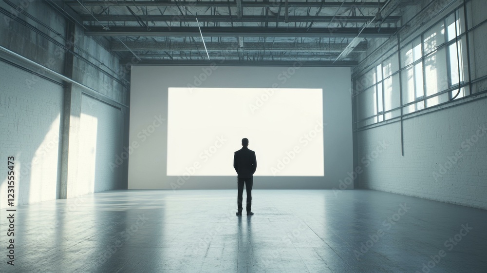 Solitary Person Standing Before Large White Screen In Empty Industrial Space Solitary Person Standing Before Large White Screen In Empty Industrial Space