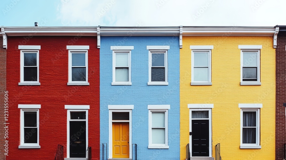 Vibrant Row of Colorful Townhouses on a Sunny Day Vibrant Row of Colorful Townhouses on a Sunny Day