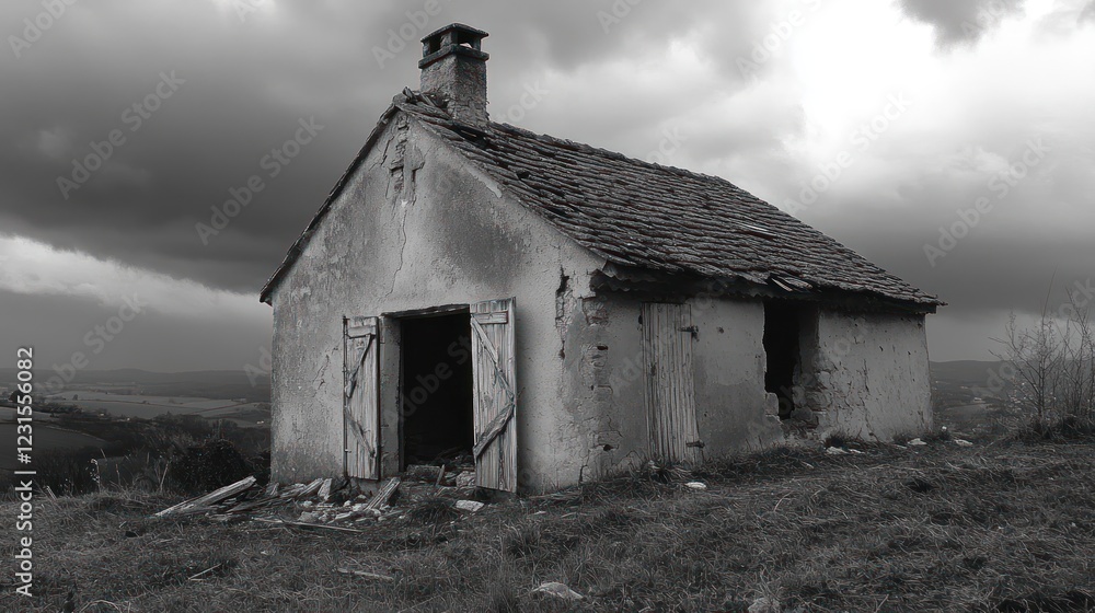 Obraz premium Solitary Ruin: A Black and White Testament to Time's Passage