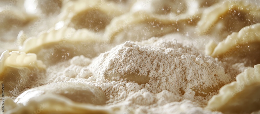 Obraz premium Close-up of flour mound on soft dumplings and ravioli highlighting textures with golden hues and a blurred background of pasta inviting focus on details