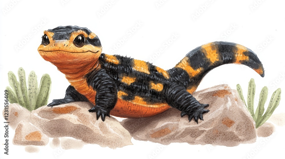 Obraz premium A vibrant illustration of a juvenile Chinese fire belly newt perched on rocks
