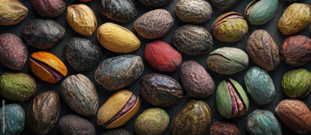 Close up shot of assorted pistachios in various textures and colors placed on a dark surface highlighting the rich diversity of the nuts Close up shot of assorted pistachios in various textures and colors placed on a dark surface highlighting the rich diversity of the nuts