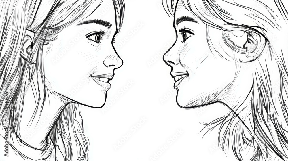 Twin Faces Profile Sketch Line Drawing of Two Women Looking at Each Other in Simple Art Style Twin Faces Profile Sketch Line Drawing of Two Women Looking at Each Other in Simple Art Style