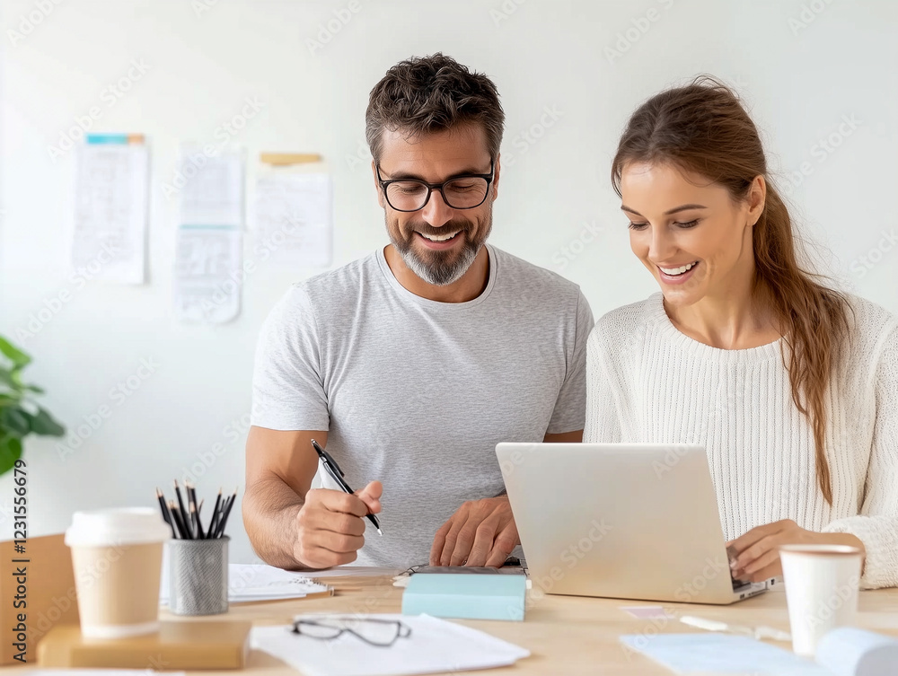 Businessman and businesswoman working together with laptop in office Businessman and businesswoman working together with laptop in office