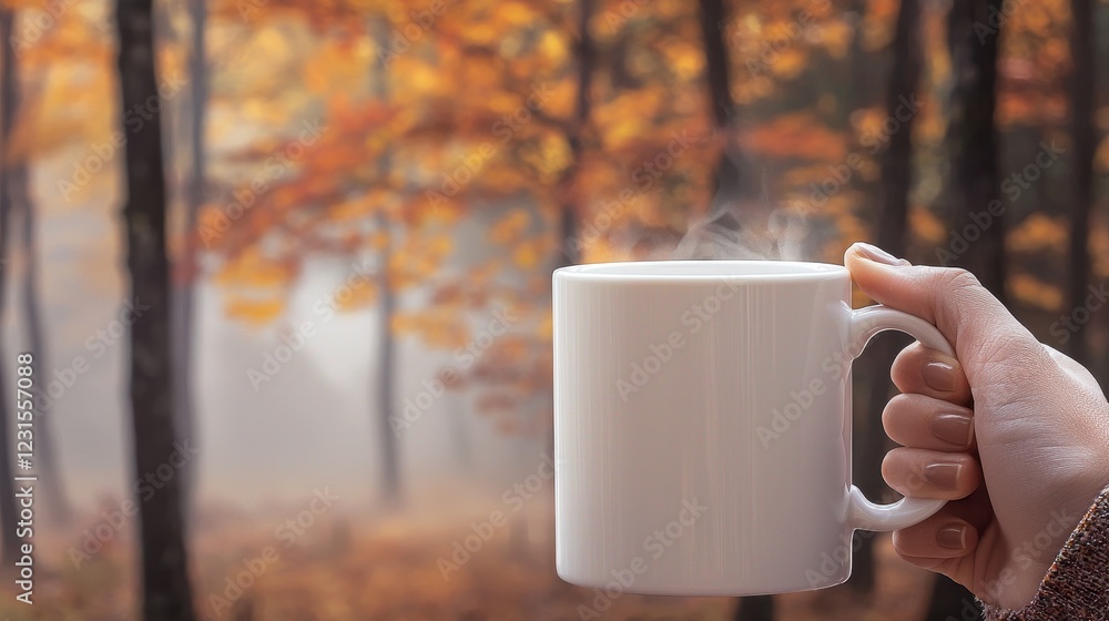 Cozy White Mug Held in Hand Against Misty Forest Background with Warm Autumn Colors and Soft Steam Rising Cozy White Mug Held in Hand Against Misty Forest Background with Warm Autumn Colors and Soft Steam Rising