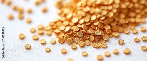 Golden round sprinkles scattered on white background.