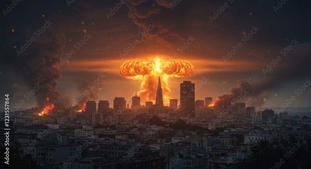Fototapeta premium Dramatic nuclear explosion over a cityscape with smoke and chaos