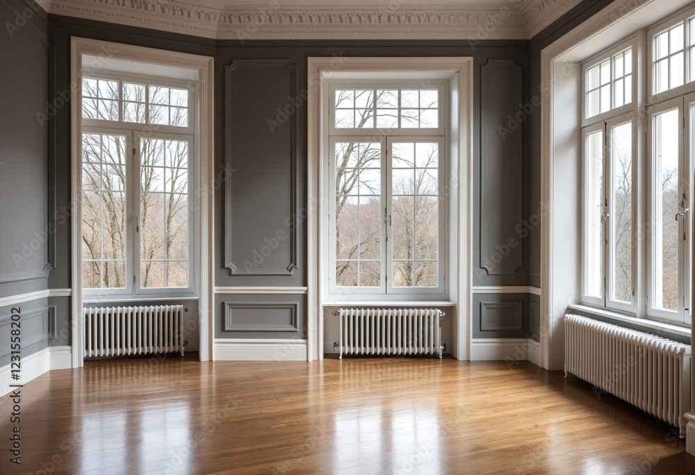 Classical empty room interior, The rooms have wooden floors and gray walls ,decorate with white moulding, there are white window looking out to the nature view Classical empty room interior, The rooms have wooden floors and gray walls ,decorate with white moulding, there are white window looking out to the nature view