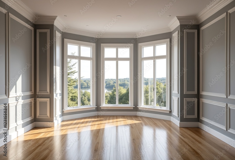 Obraz premium Classical empty room interior, The rooms have wooden floors and gray walls ,decorate with white moulding, there are white window looking out to the nature view